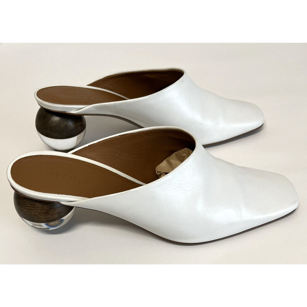 Neous While Mules Size 38/8 Acrylic Wood Spherical Heel Slip On Shoes Square Toe